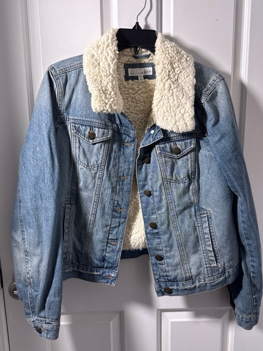 LOFT Light Wash Denim Jacket with Cream Sherpa Collar